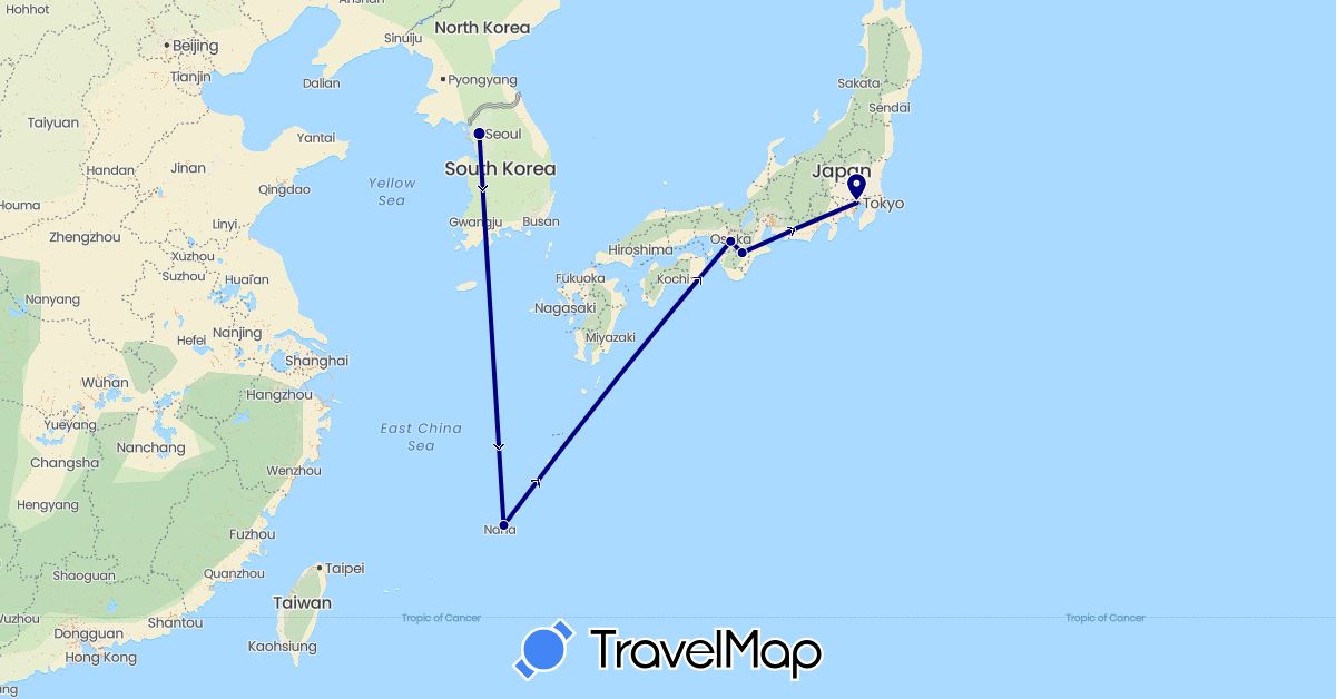 TravelMap itinerary: driving in Japan, South Korea (Asia)